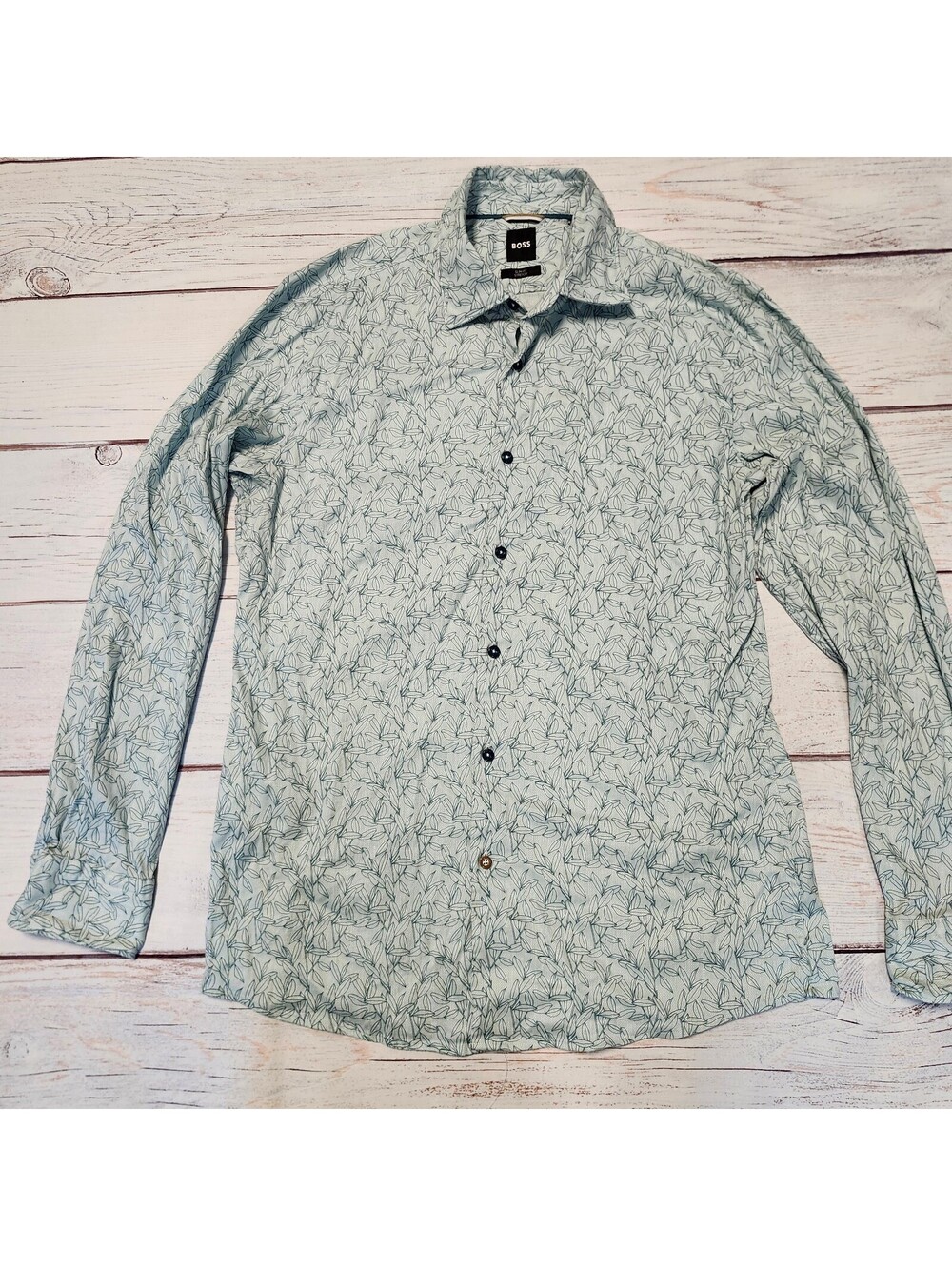 BOSS Slim Fit Stretch Button-Up Shirt with Leaf Print - Size 41